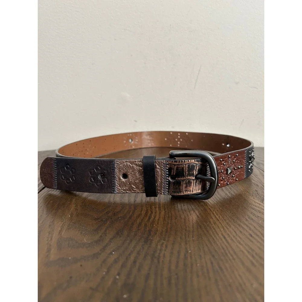 Vintage Fossil Womens Large Brown Leather Patchwork‎ Studded Floral Belt
